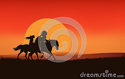 Native american man and woman riding horses at sunset vector silhouette outline Vector Illustration