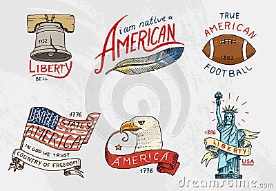 Native american set. old, labels or badges for camping, hiking, hunting. statue and bell of freedom or Liberty, flag Vector Illustration