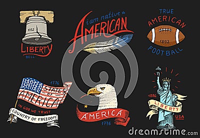 Native american set. old, labels or badges for camping, hiking, hunting. statue and bell of freedom or Liberty, flag Vector Illustration