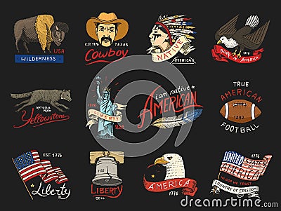 Native american set. old, labels or badges for camping, hiking, hunting. statue and bell of freedom or Liberty, flag Vector Illustration