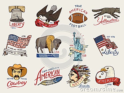 Native american set. old, labels or badges for camping, hiking, hunting. statue and bell of freedom or Liberty, flag Vector Illustration