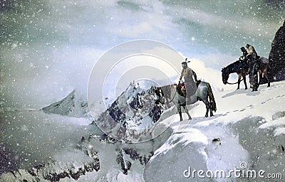 Native american into snowy landscape Stock Photo