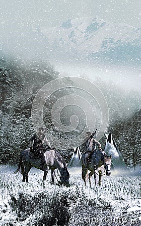 Native american into snowy landscape Stock Photo