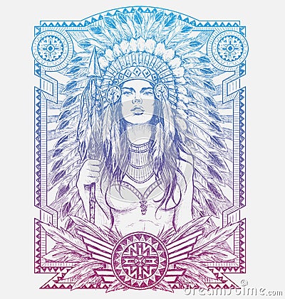 Native American Woman Warrior with Tribal frame. Vector Illustration for Tshirts Vector Illustration