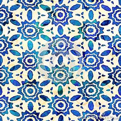 Native batik seamless watercolor artistic boho style colorful square pattern. Stock Photo