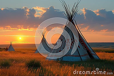 Native elegance Teepee in North American prairies at sunset Stock Photo