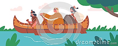 Native Indian American Kids Canoeing, Children Sit in Wooden Canoe Rowing with Paddles, Indigenous Characters on Kayak Vector Illustration