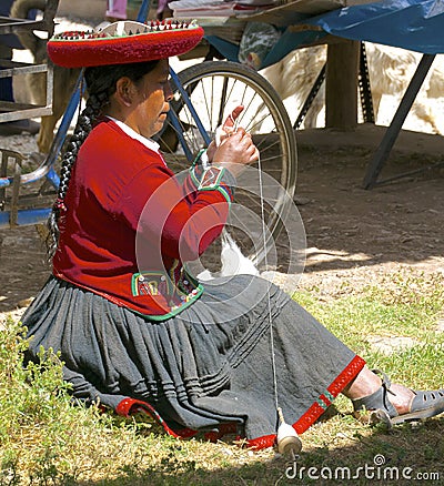 Native kichwa woman knitting, Peru Editorial Stock Photo