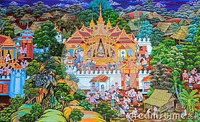 Native Thai Buddhist mural painting of the life of Buddha Editorial Stock Photo