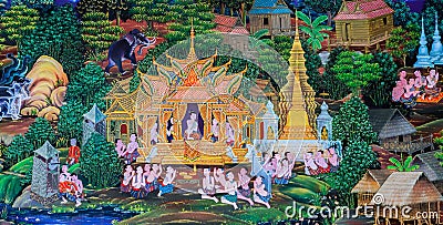Native Thai Buddhist mural painting of the life of Buddha Stock Photo