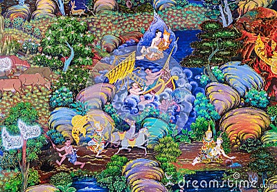 Native Thai Buddhist mural painting of the life of Buddha Stock Photo