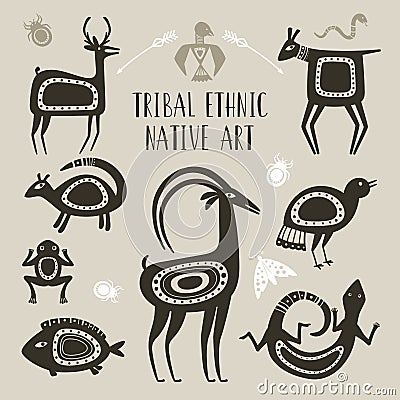 Native totem animals. Tribal ethnic animal drawings, lizard deer fish frog goat bird drawn totems beast symbols Vector Illustration