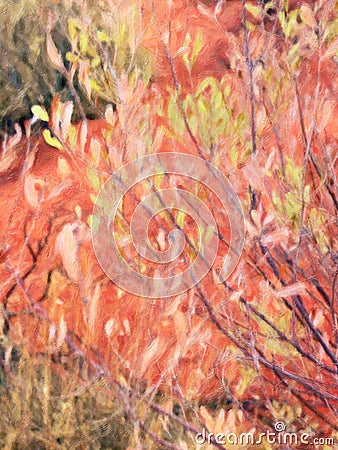 Native Tree Leaves and Bright Red Soil, Oil Painting Style, Uluru, Australia Stock Photo