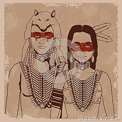 natives couple warriors sketch Vector Illustration