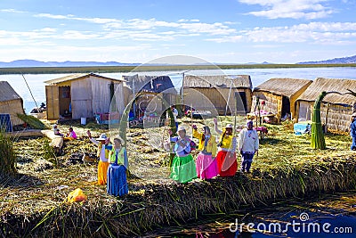 Natives at the Uros islands in Peru Editorial Stock Photo