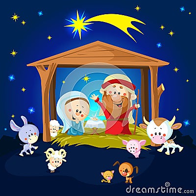 Nativity in Bethlehem with animals Vector Illustration