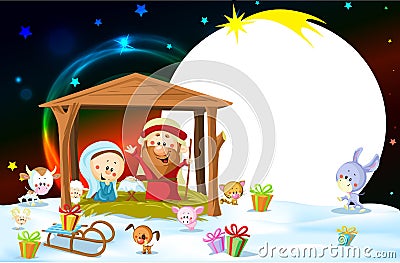 Nativity in Bethlehem with animals - Christmas vector oval frame Vector Illustration