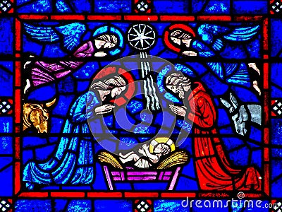 The nativity (birth of jesus) in stianed glass Stock Photo