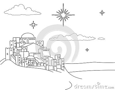 Nativity Christmas City Cartoon Scene Coloring Vector Illustration