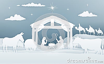 Nativity Christmas Scene Paper Art Style Vector Illustration