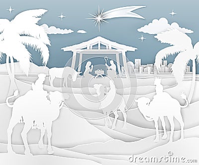 Nativity Christmas Scene Paper Style Vector Illustration