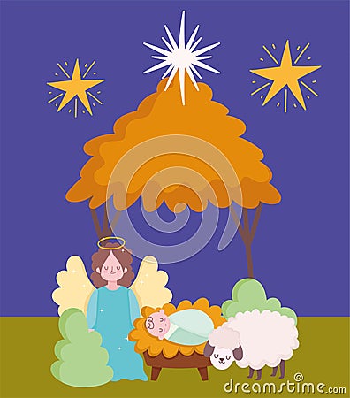 Nativity, cute baby jesus angel and lamb cartoon Vector Illustration
