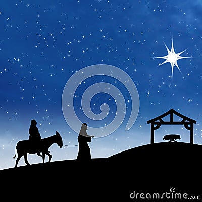 Nativity Jesus birth with star on blue night scene Stock Photo