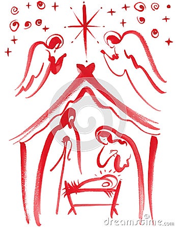 Nativity of Jesus Christ, nativity scene, baby in a manger, Mary and Joseph, angels and the star of Bethlehem. Cartoon Illustration