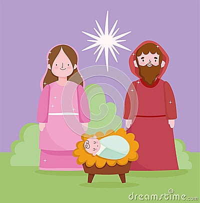 Nativity, manger cute holy mary baby jesus and joseph cartoon Vector Illustration