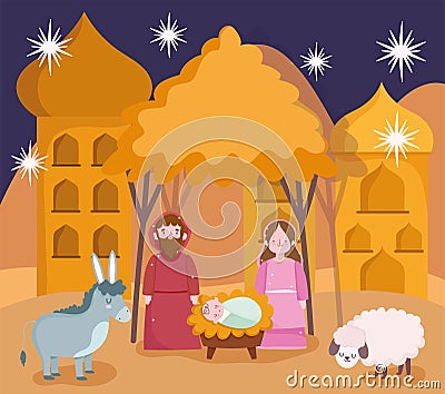 Nativity, manger cute mary joseph baby jesus and animals cartoon scene Vector Illustration