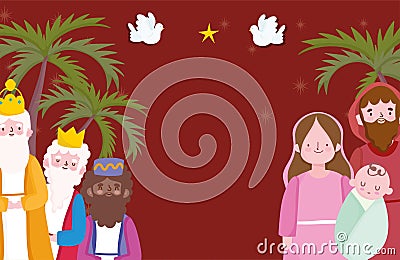 Nativity, manger cute mary jospeh wise kings and doves cartoon Vector Illustration