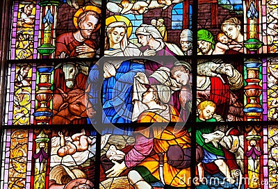 Nativity Mary Joseph Baby Jesus Stained Glass Seville Cathedral Stock Photo