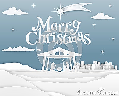 Nativity Merry Christmas Paper Scene Vector Illustration