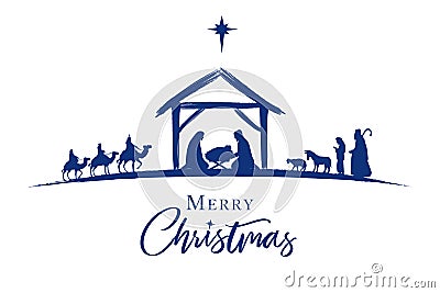 Nativity scene blue silhouette Jesus in manger, shepherd and wise men Vector Illustration