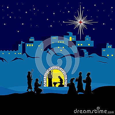 Nativity scene. Christmas. Bethlehem. Mary, Joseph and small Jesus. The shepherds and the wise men came to worship Jesus. Vector Illustration