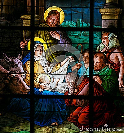 Nativity Scene at Christmas - Stained Glass Stock Photo