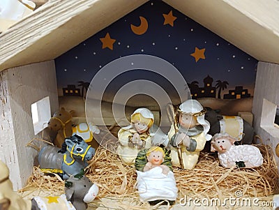 Nativity scene with Mary, Joseph, baby Jesus and animals Stock Photo