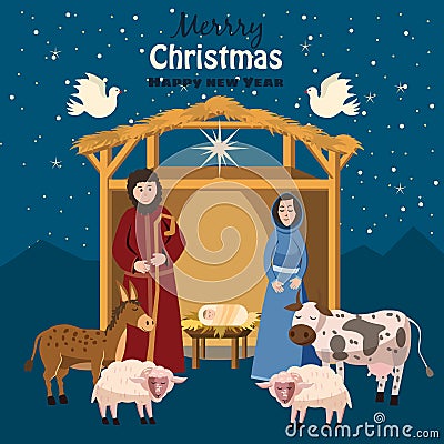 Nativity scene, Merry Christmas and Happy New Year, baby Jesus in the manger Holy Mary and Joseph, barn, cow, donkey Vector Illustration