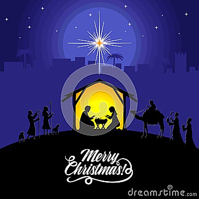 Nativity scene near the city of Bethlehem. The shepherds and the wise men came to worship the Christ. Vector Illustration