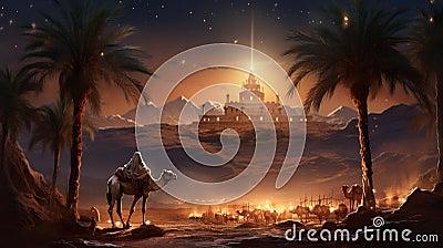 Nativity Scene: Serene Symbolism in a Middle Eastern Oasis Cartoon Illustration