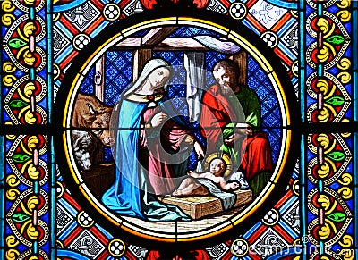 Nativity Scene. Stained glass Editorial Stock Photo