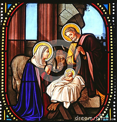 Nativity scene, stained glass, Church of St. Catherine, Bethlehem Editorial Stock Photo