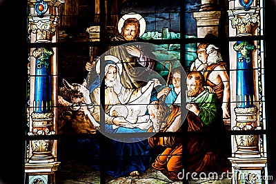 Nativity Scene. Stained glass window Stock Photo