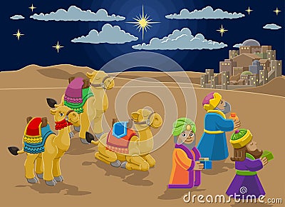 Nativity Scene Wise Men Christmas Cartoon Vector Illustration