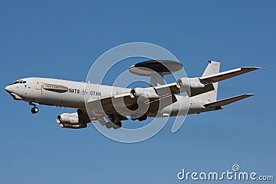 NATO AWACS Surveillance aircraft on final for landing Editorial Stock Photo