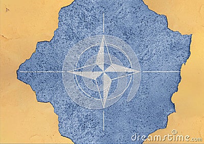 NATO flag in big concrete cracked hole and broken material facade Editorial Stock Photo