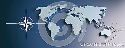 NATO North Atlantic Alliance sign symbol on earth globe map background, banner. 3d illustration Cartoon Illustration