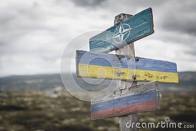 nato, ukraine and russia flag on signpost outdoors Stock Photo