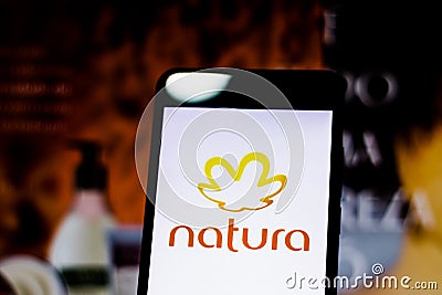 March 10, 2019, Brazil. Natura logo on the mobile device screen. It is a Brazilian company that acts in the sector of treatment Editorial Stock Photo