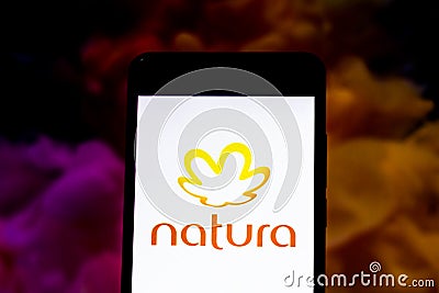 March 10, 2019, Brazil. Natura logo on the mobile device screen. It is a Brazilian company that acts in the sector of treatment Editorial Stock Photo